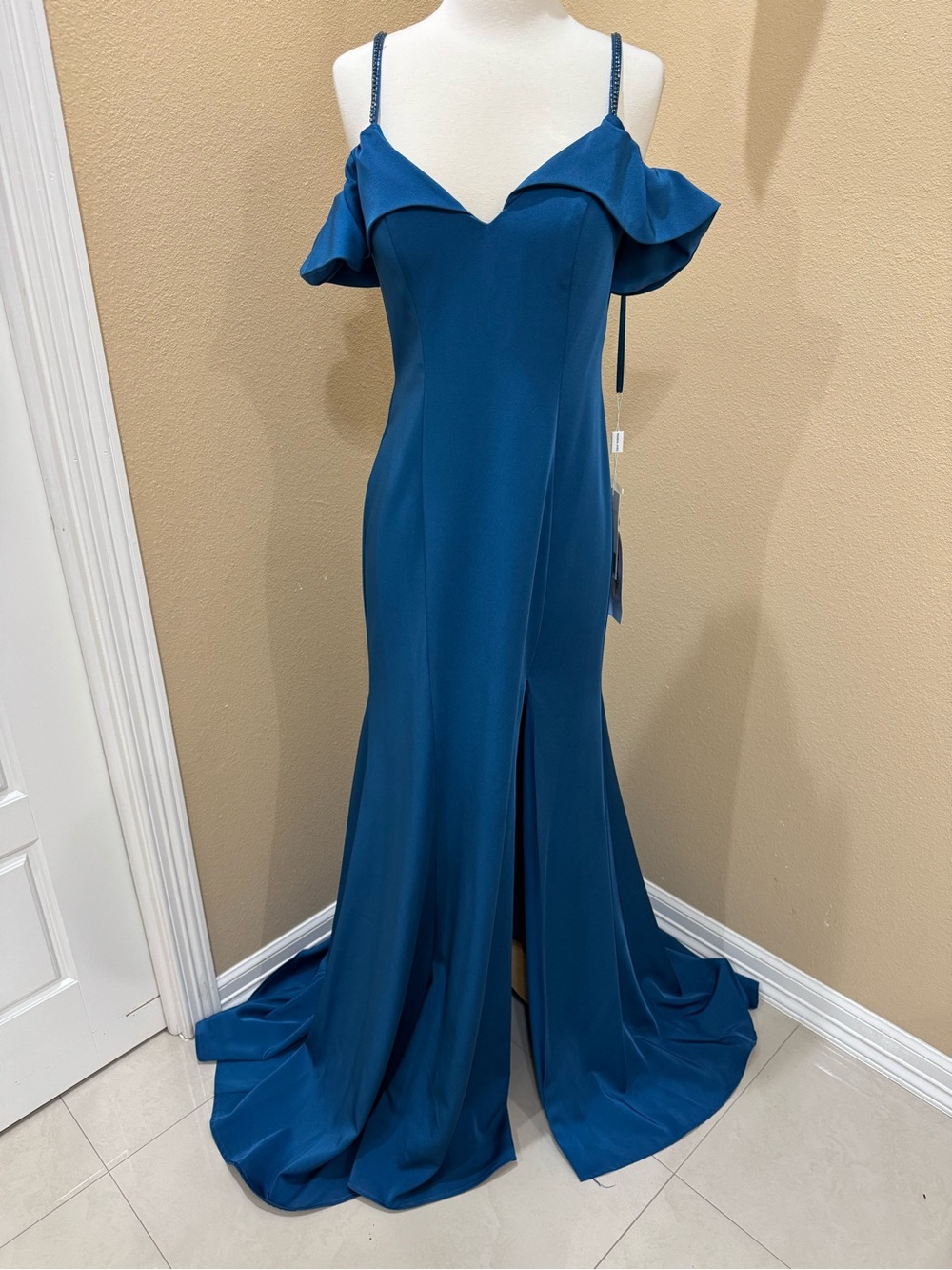 Madison James Teal Off-Shoulder Spaghetti Strap Gown